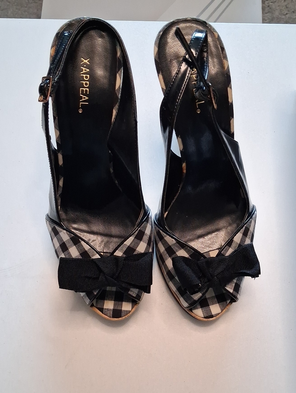 Xappeal Black and White Gingham Peep-Toe Slingback Heels with Bow